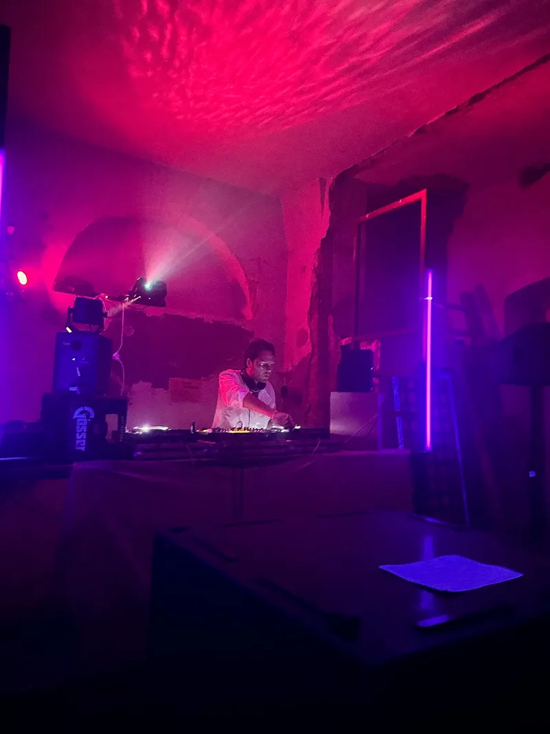 DJ mit Lichtshow bei der Hochzeitsparty am Abend auf Schloss Bündorf