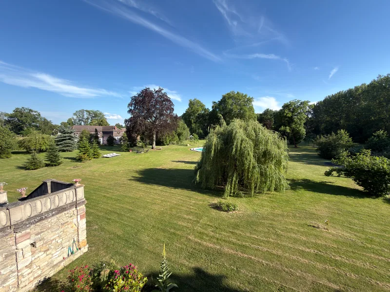 Weiter Blick über den Schlosspark Bündorf mit Trauerweide und Wiesen