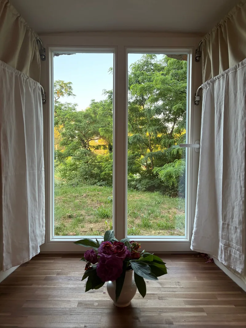 Blick aus dem Seezimmer durch die bodentiefe Fenstertür ins Grüne, mit Pfingstrosen im Vordergrund